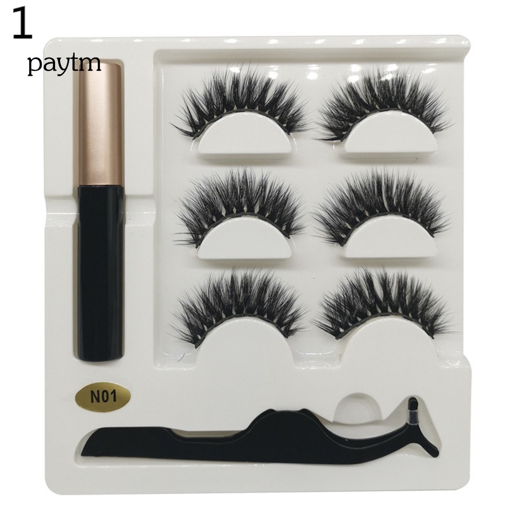 PM 3Pairs Magnetic 3D False Eyelashes Liquid Eyeliner Tweezers Lashes Extension Kit