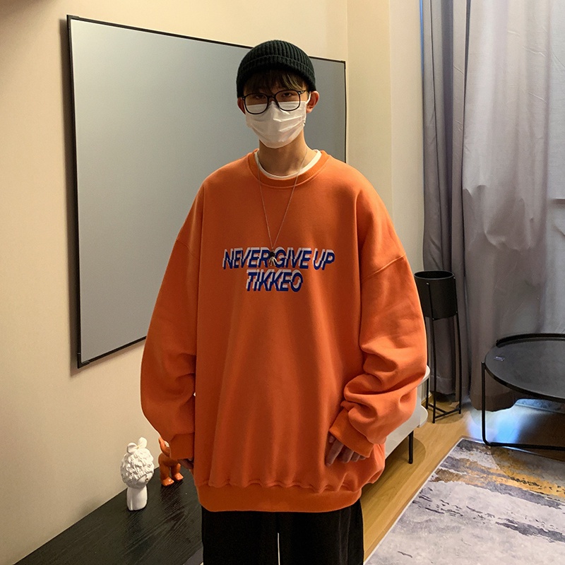 Áo Sweater cổ tròn lót nhung màu trơn in chữ thời trang cho nam Size M-5XL