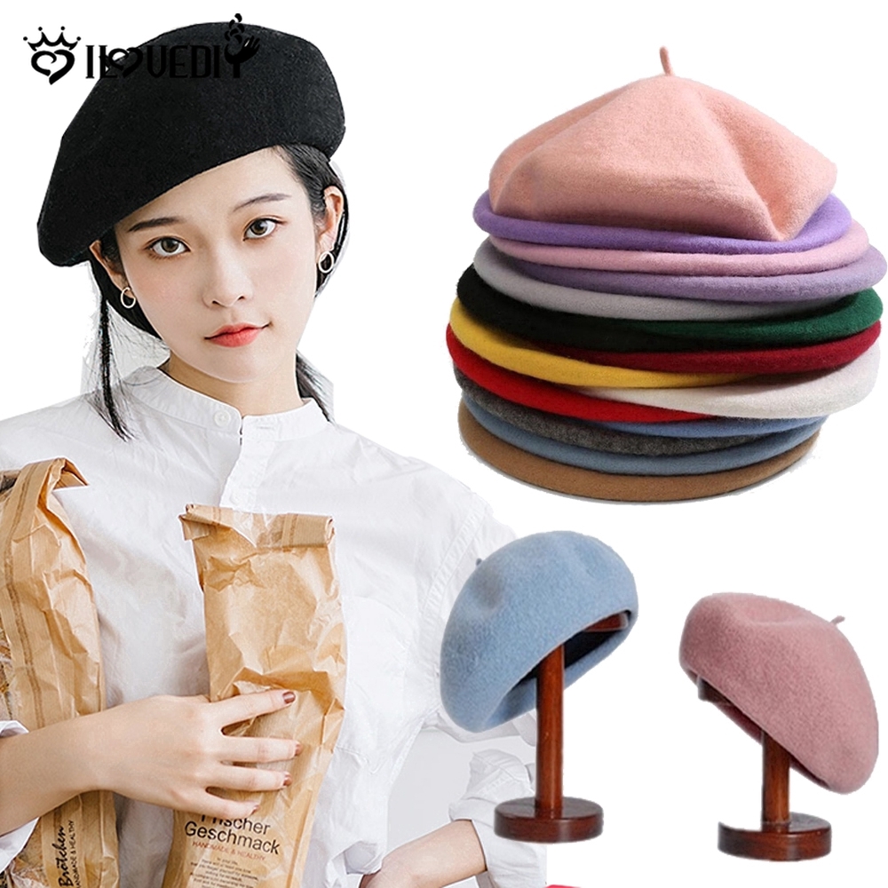 [DS] Mũ Beret Len Màu Trơn Phong Cách Vintage Thanh Lịch Cho Nữ