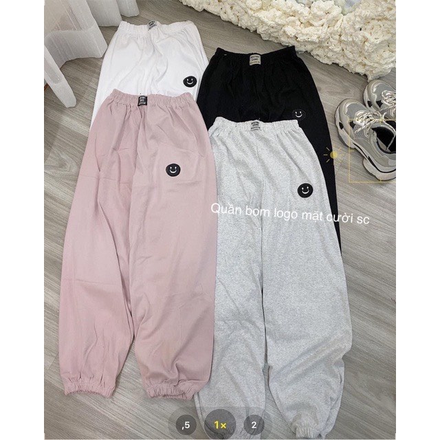 Quần jogger tăm logo mặt cười bo gấu nữ - Nỉ ống boom cạp chun dáng dài phong cách đường phố vintage ulzzang | BigBuy360 - bigbuy360.vn
