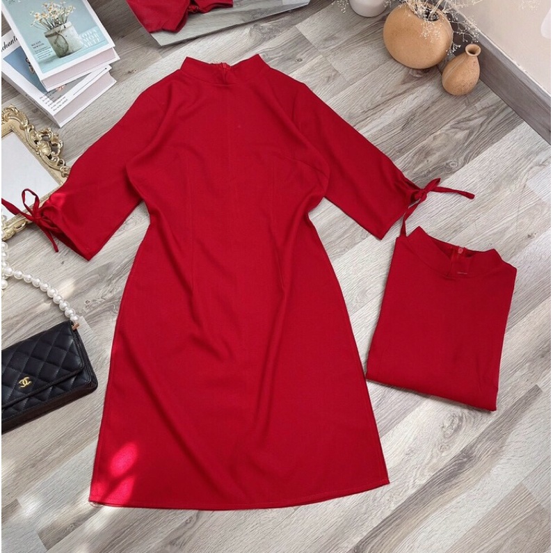 Set Áo dài đỏ tay lửng thắt nơ cổ tàu + quần suông đen