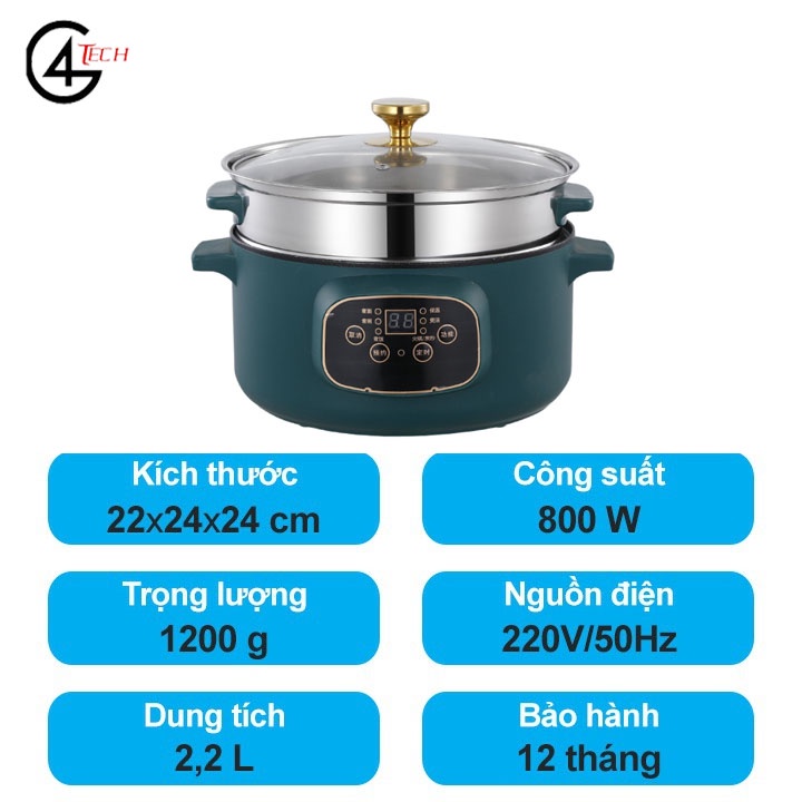 Nồi Lẩu Điện Đa Năng Chống Dính Shiban 24cm Kèm Giá Hấp Inox, Nồi Cơm Điện, Chiên Xào, Nấu Canh