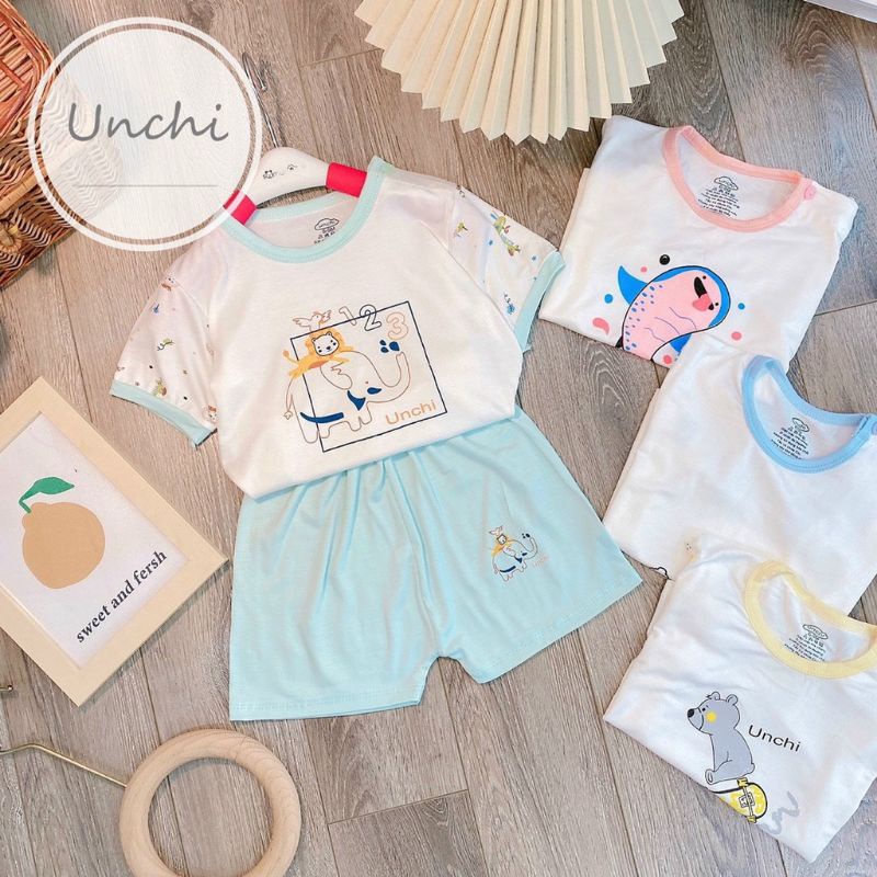 Đồ bộ cộc tay Unchi cho bé trai bé gái chất petit cài vai in hình chìm