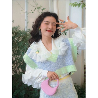 Bộ Áo Sơ Mi Cổ Búp Bê + Đầm Hai Dây Dệt Kim Họa Tiết Hoa Cúc Xinh Xắn Thời Trang Cho Nữ