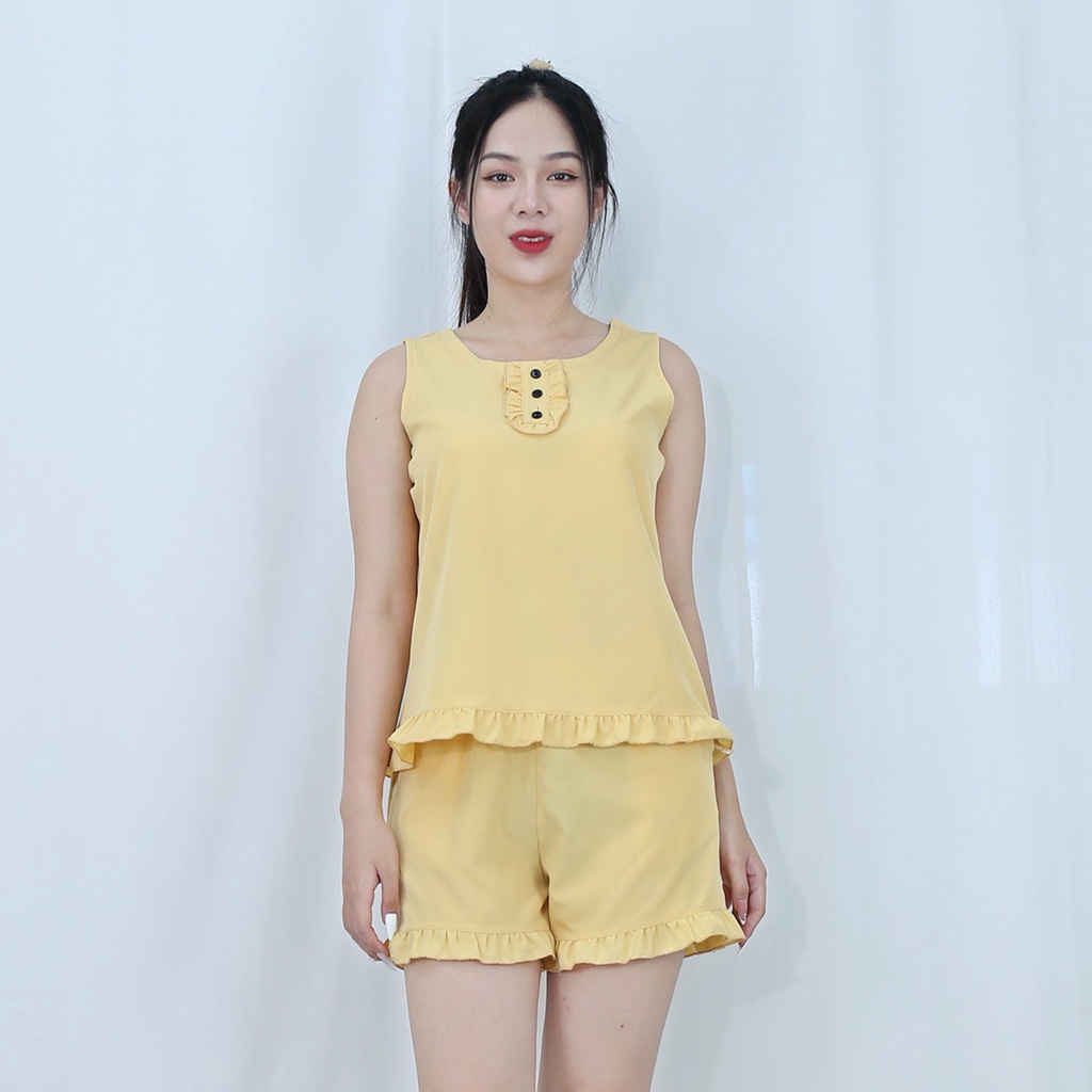 [HÌNH THẬT 100%]  Bộ đồ bộ ngắn  SÁT NÁCH BÈO VÀNG DA NÚT ĐEN  - vải lụa ao cấp  - Mềm mại nhẹ