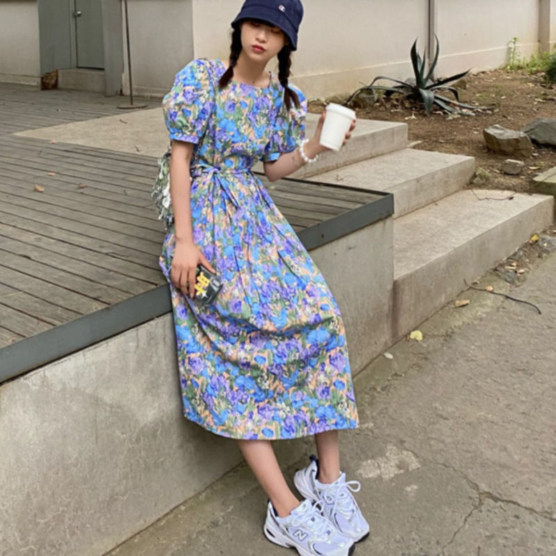 Đầm RENJIANVSHENG tay ngắn cổ vuông phong cách retro thời trang cho nữ