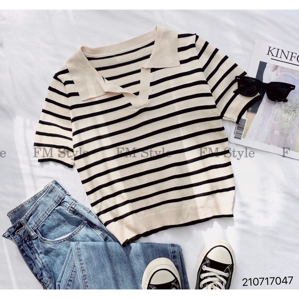 Áo kiểu nữ FM Style cổ bẻ tay ngắn họa tiết sọc ngang phong cách năng động trẻ trung thanh lịch basic 210717046 | BigBuy360 - bigbuy360.vn
