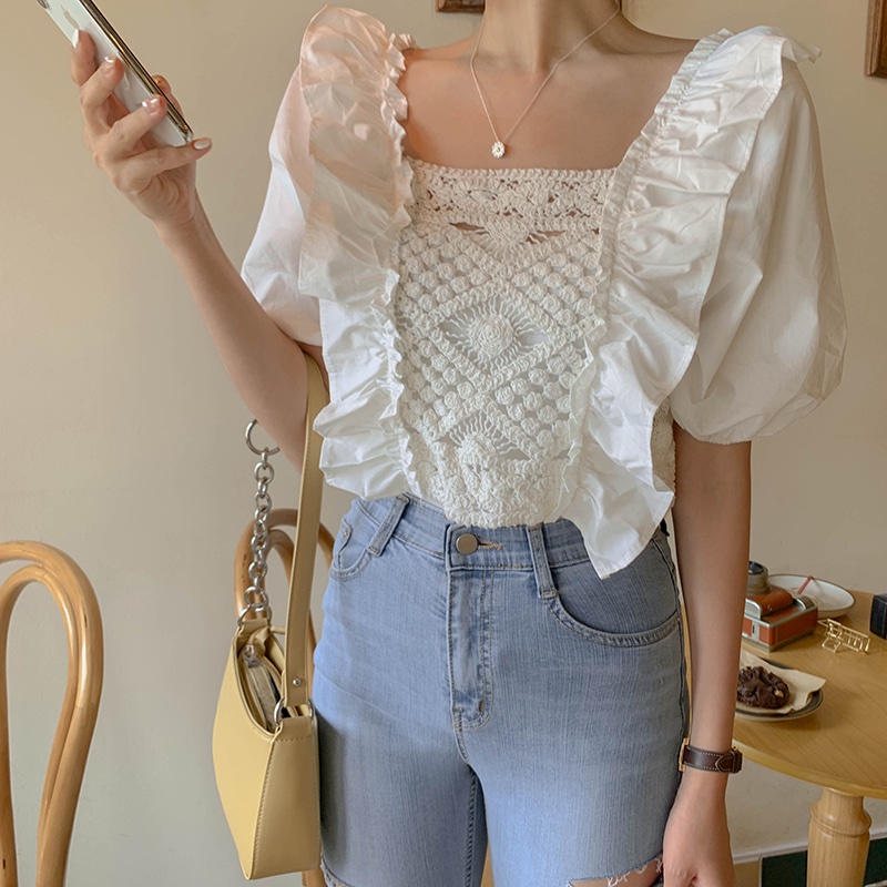 DUNEA Áo Ren Tay Phồng Cổ Vuông Quyến Rũ Thời Trang Cho Nữ