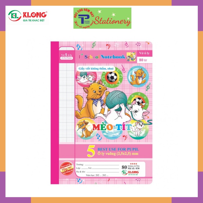 Vở 5 ô ly 48, 80 trang Klong định lượng 70g/m2 bìa hình chích bông, mèo tít, hổ nhi, sóc bi; MS: 010,030 giao ngẫu nhiên