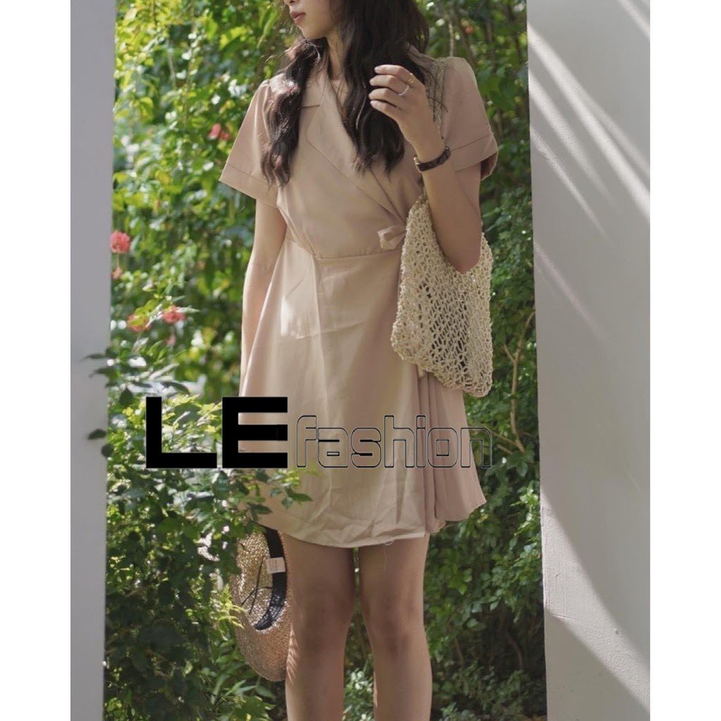 Đầm Nữ Dáng Lỡ Ngắn Tay Cổ Vest Buộc Dây Eo - Váy Nữ Babydoll Cộc Tay Dây Chỉnh Đáng Yêu - LeFashion