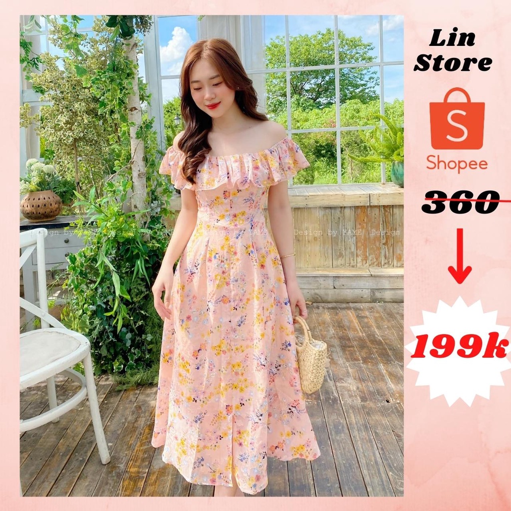 Váy hở vai đi biển hoa nhí sang chảnh , 2 lớp voan lụa Linstore Thiết Kế V18