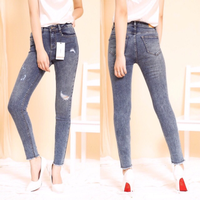 Quần jeans skinny rách xước tua gấu CT