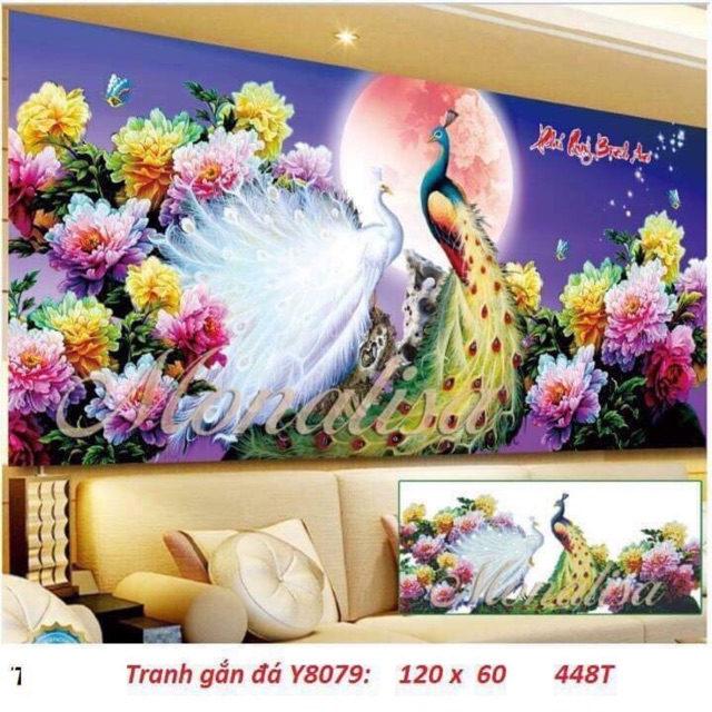Tranh thêu chữ thập đôi công phú quý bình an 195x85 cm