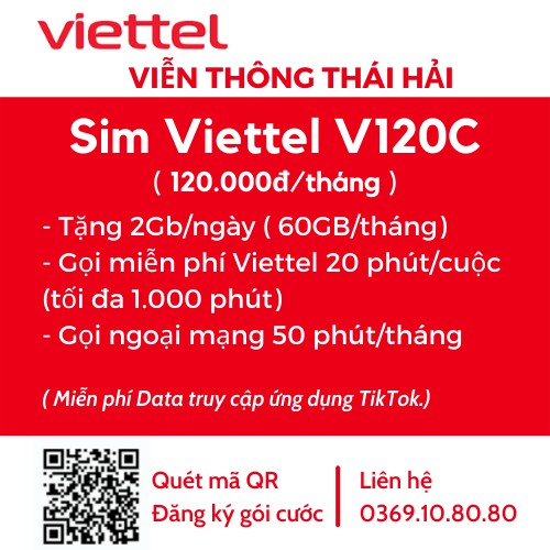 Sim 4G Viettel gói V120C miễn Phí gọi nội mạng dưới 20 phút và 2GB ngày đầu số 09xxx