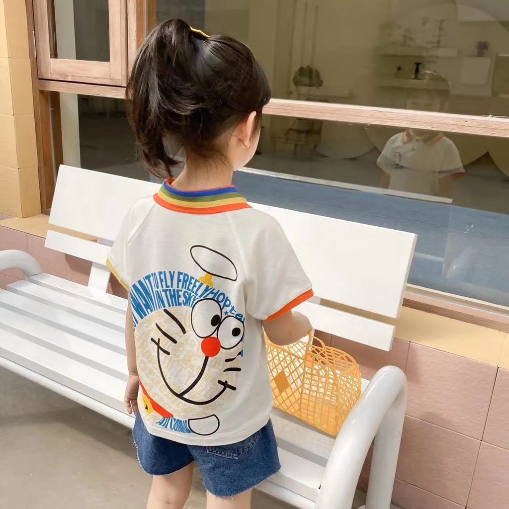 Áo cotton trắng in hình Doraemon 2 mặt cho bé trai & gái & bố mẹ (N00713)