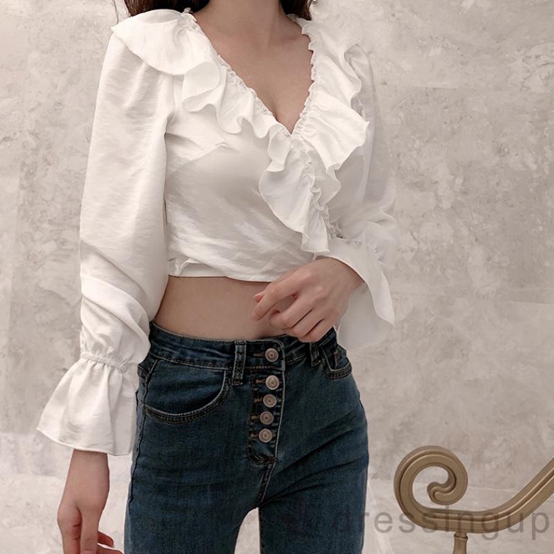 Áo thun nữ tay dài cổ chữ V thời trang quyến rũ