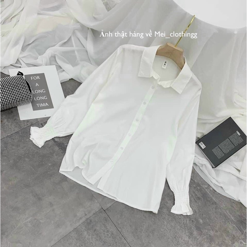 [Ảnh thật/video] Áo sơmi trắng cổ bẻ rúm cổ tay/ sơ mi nữ basic bo chun tay