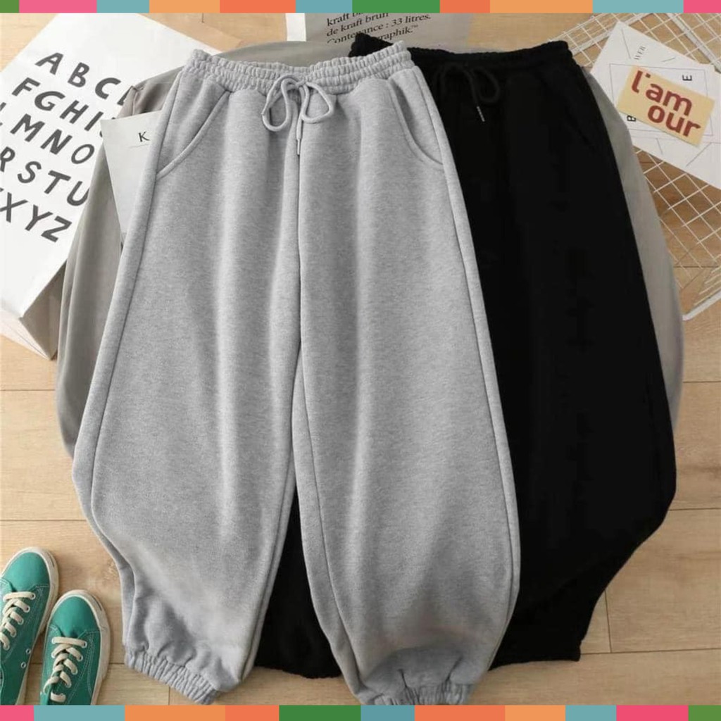 Quần Thun jogger. Quần ống rộng vải nỉ ép không xù 2 màu Đen Xám,form Unisex Nam Nữ - KD