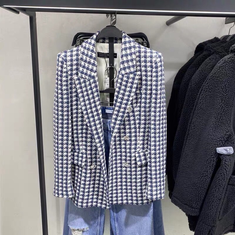ÁO KHOÁC DẠ TWEED KẺ XANH ZARA TUỒN FORM CỰC ĐẸP