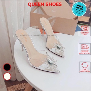 Guốc sandal nữ gót nhọn 9p quai trong đính nơ đá mặt trời SCG51