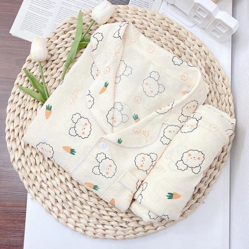 Bộ pijama mặc nhà chất đũi xốp nữ hoạ tiết hình áo dài tay dài mặc ngủ dễ thương