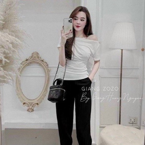 Áo kiểu lệch vai ngắn tay tôn dáng, Áo thun kiểu tay cộc vải cotton AS0101 - NhiNhi Shop