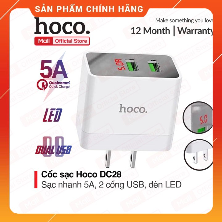 Cốc Sạc Nhanh Hoco DC28 2USB-5A Bảo Toàn Dòng Điện Tương Thích Tất Cả Các Dòng Điện Thoại [Sản phẩm chính hãng]