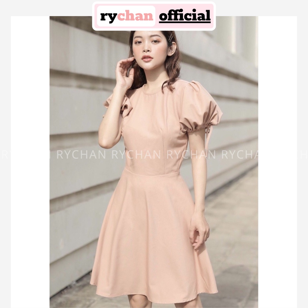 DX264 - Đầm Xòe Nude Nơ Tay Phồng