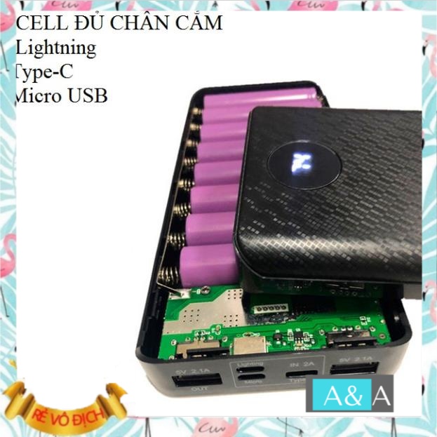 Box sạc dự phòng 8 cell 3 đầu vào Lightning\Type C\Microusb, mạch sạc pin 18650, pin dự phòng