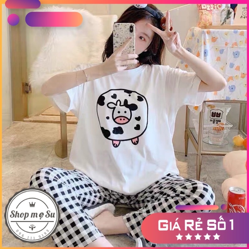 Bộ Bầu Hè Trước Và Sau Sinh Bò Sữa, Chất Cotton Mềm Đẹp, Tiện bé Ti