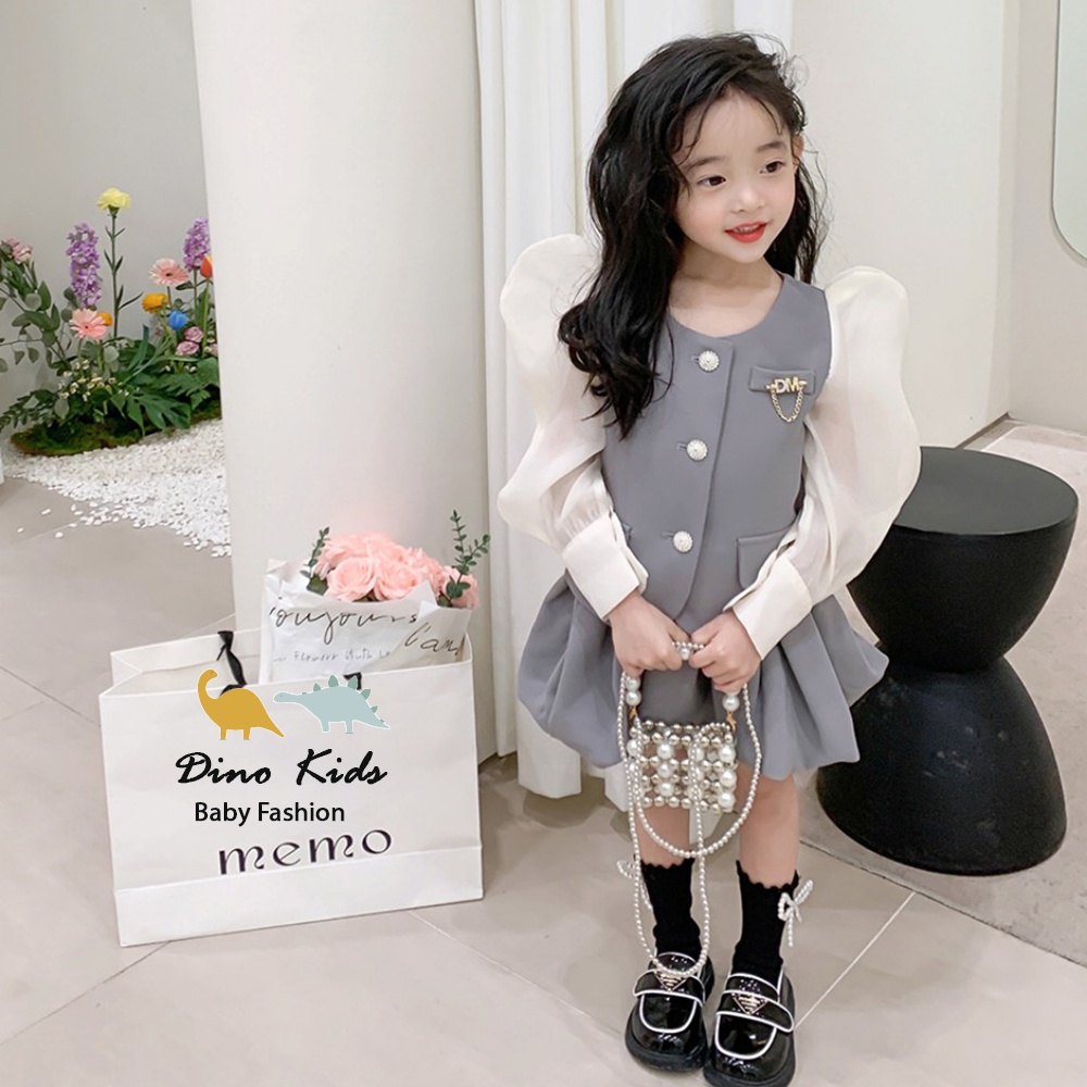 Sét áo vest cổ tròn cúc ngọc to tay phối voan, chân váy xếp ly( có lớp quần lót bên trong) size 12-33kg
