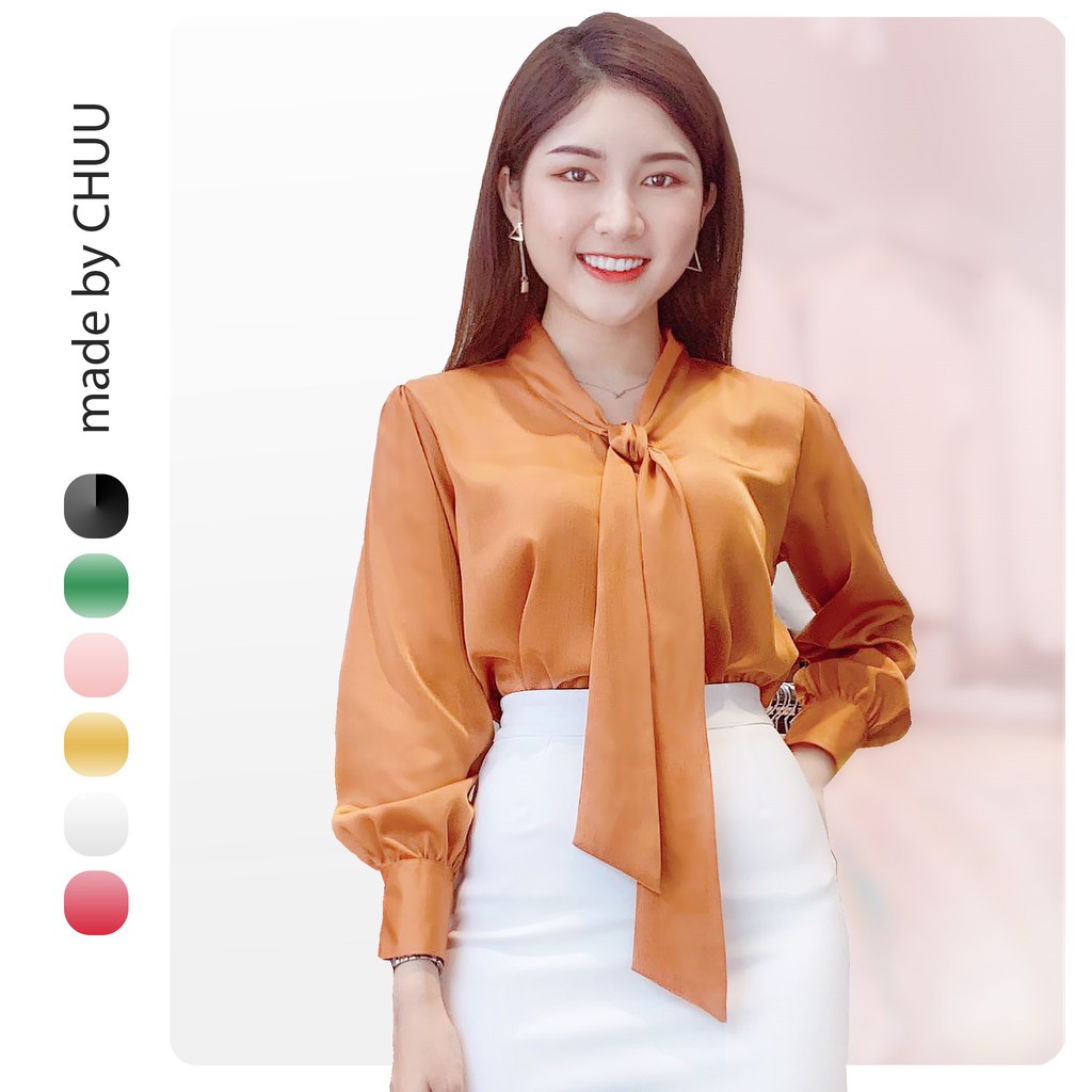 Áo sơ mi lụa trơn nơ tay dài CHUU A5236