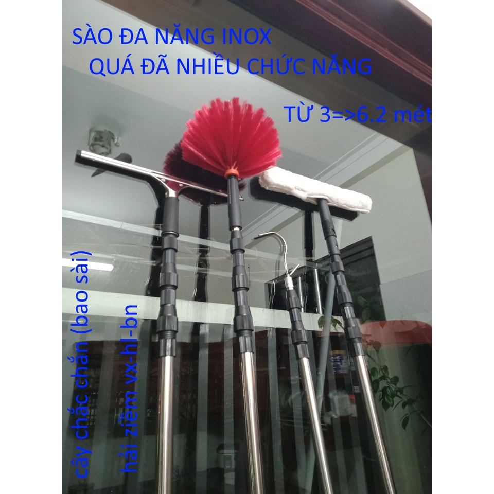 Sào rút inox đa năng, Chổi quét mạng nhện vệ sinh trần nhà kết hợp lau kính+gạt nước mưa,móc cành cây,hái hoa quả trên