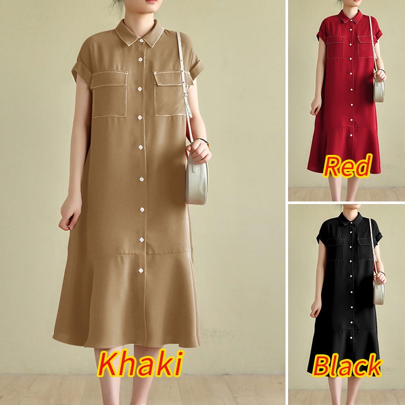 Đầm midi Zanzea tay ngắn màu trơn viền nhún bèo phong cách cổ điển cho nữ