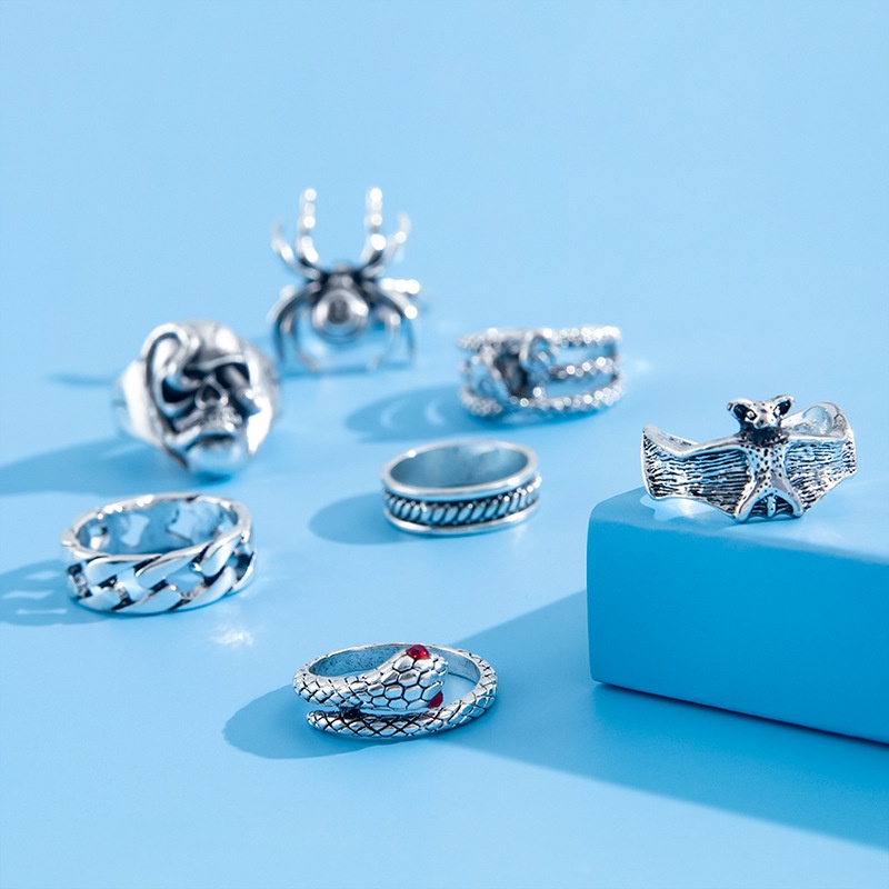 1 Bộ / 7 Nhẫn Hình Đầu Lâu Bằng Thép Không Gỉ Đính Đá Thời Trang Cho Nam