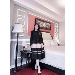 Váy bầu thu đông kẻ ngang chất liệu cotton