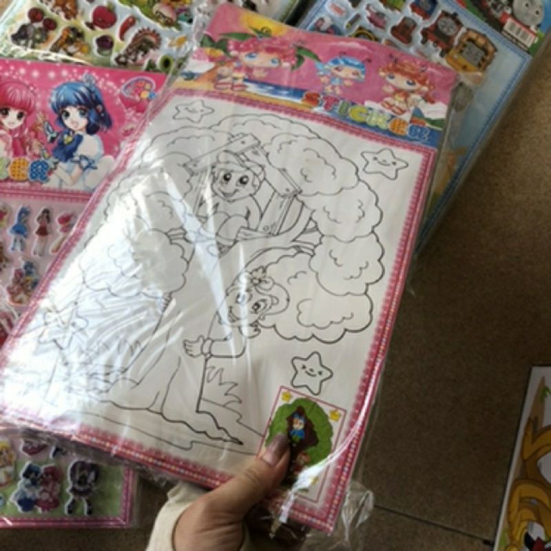 dán sticker nổi 3D to, nhiều chi tiết[ kèm tranh tô màu] bằng nhựa trang trí dụ