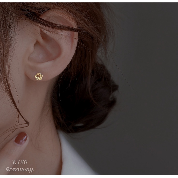 Bông tai, Khuyên tai nữ bạc mạ vàng Rose mặt hoa hồng đơn giản, xinh xắn, nữ tính K180| TRANG SỨC BẠC HARMONY