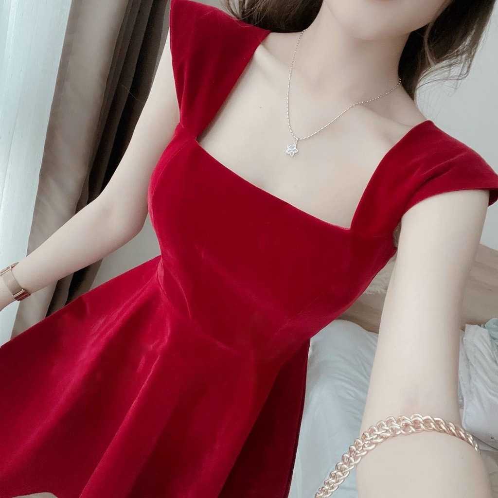 [HCM] Đầm Nhung Nữ Cổ Vuông Dự Tiệc Cao Cấp Thời Trang Nữ Sam Closet Free Size 40-55kg