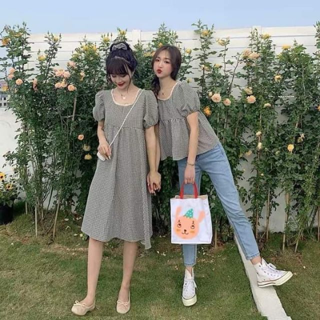 SET ÁO VÁY baby doll kế caro ĐÔI BẠN THÂN