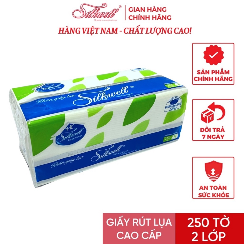 Khăn giấy lụa, giấy ăn rút Silkwell 2 lớp 250 tờ 20x18.5cm hàng chính hãng