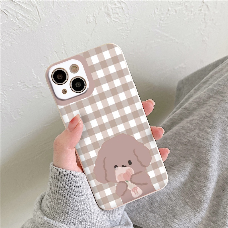 Ốp lưng iphone gấu nâu tặng hoa kẻ caro nâu cute cho iphone7 Plus/8Plus/XR/XS Max/11/X/12/12 Pro Max/pro/13 promax