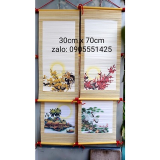 Bộ 4 mành tre viết thư pháp 30cm x 70cm .Giấy, biểu lụa viết thư pháp. Câu Đối. Tranh trang trí tết