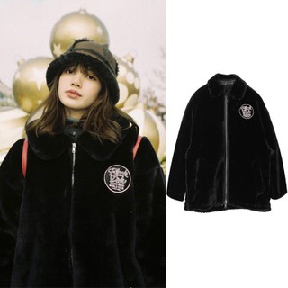 Áo Khoác Len Giả Lông Thỏ Dày Dáng Rộng Kiểu Hàn Quốc In Tên Nhóm Nhạc lisa Blackpink