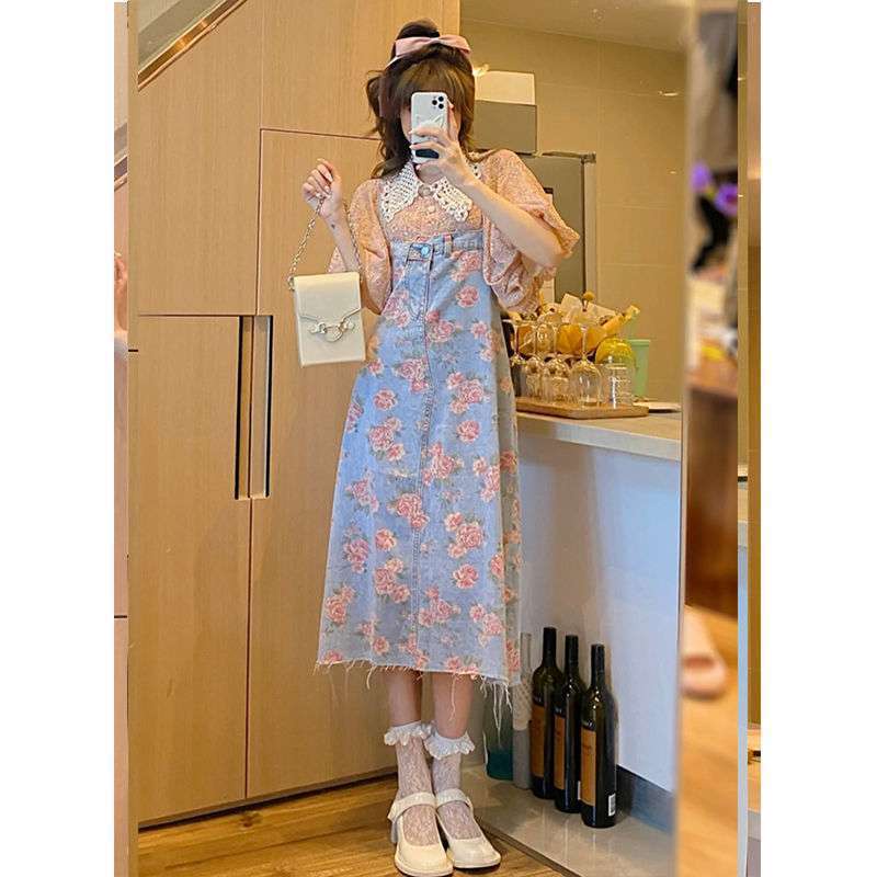 Set áo kiểu + chân váy yếm denim thời trang mới cho nữ