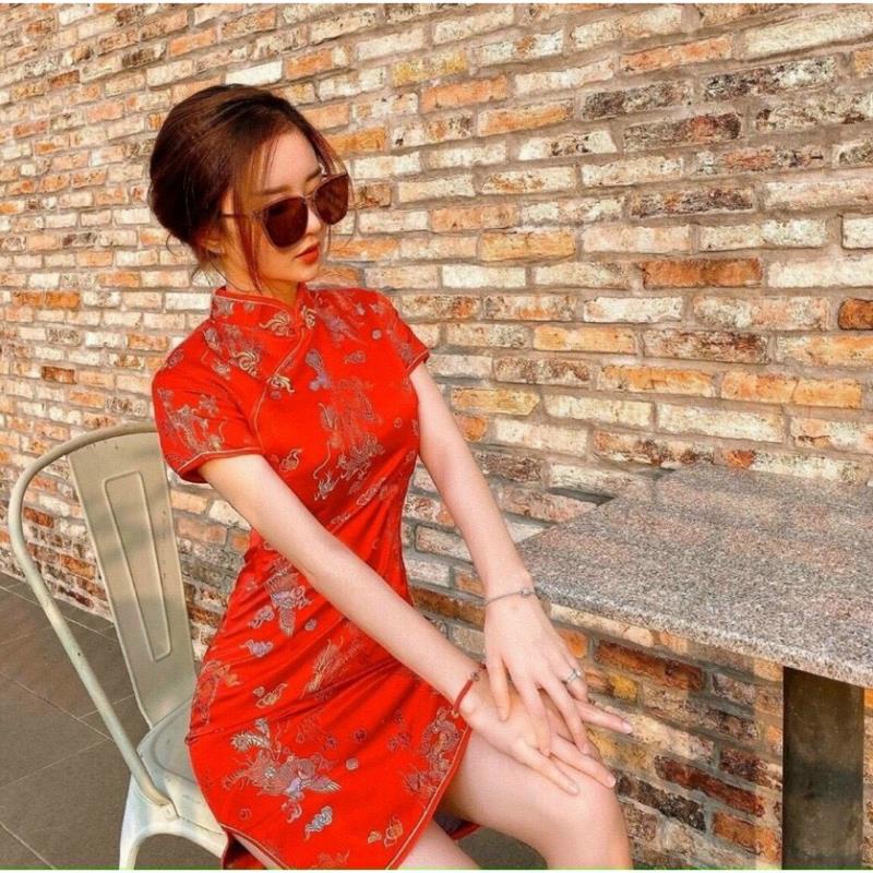 TBL Sườn xám áo dài cách tân tôn dáng sexy thun dẻo họa tiết hoa lá cành mặc Tết du xuân