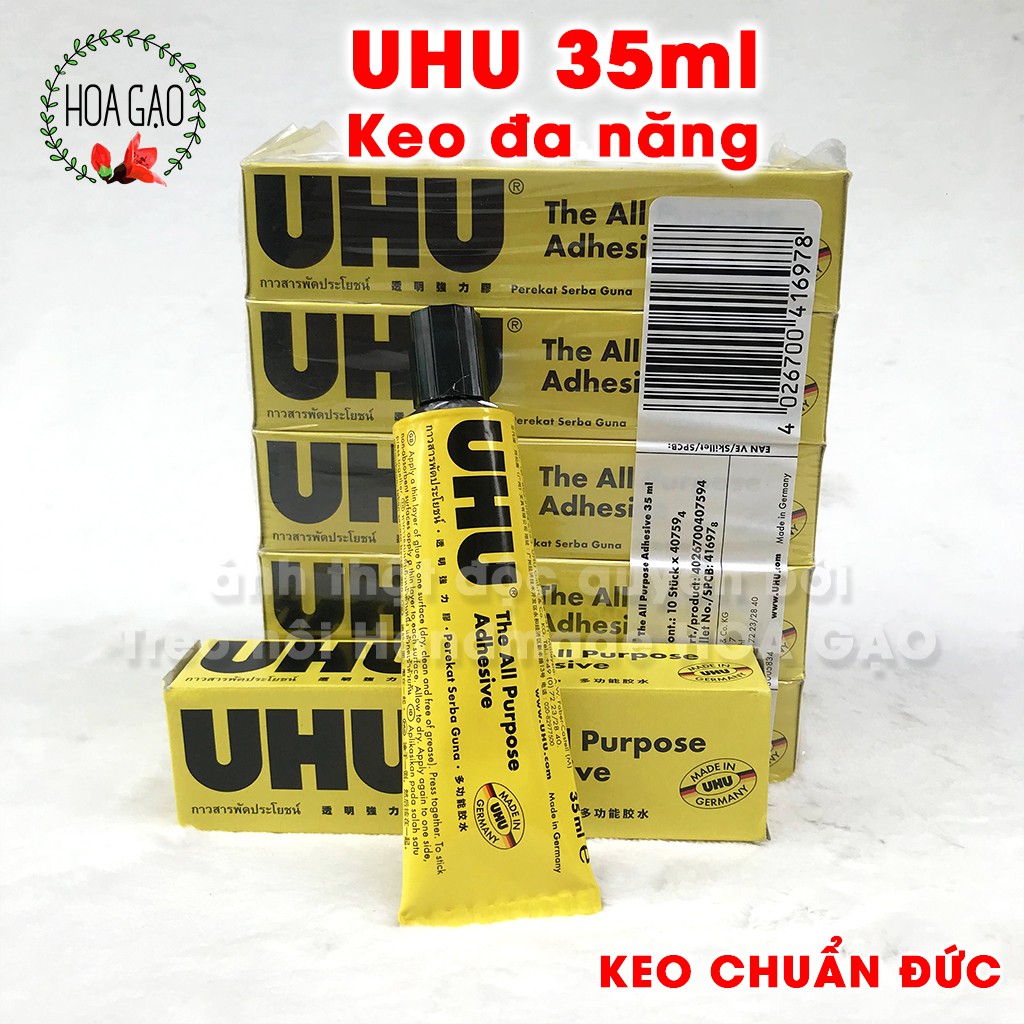 keo dán giấy vải, keo dán đa năng siêu dính UHU 35ml HOA GẠO GU chuẩn Đức trong suốt free ship