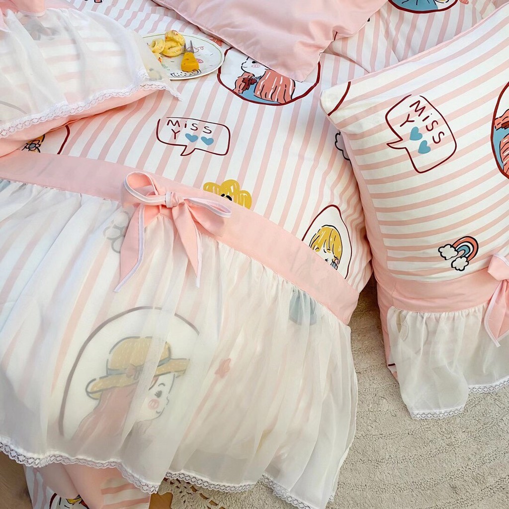 Bộ chăn ga gối cotton hoạt tính ren voan mẫu cô gái