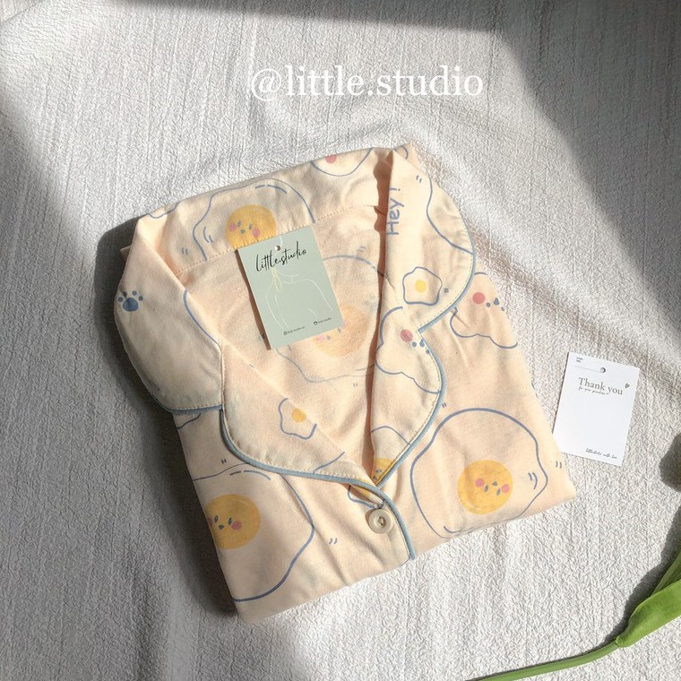Bộ pyjama mặc nhà họa tiết trứng rán dễ thương đơn giản chất thun mỏng nhẹ thoáng mát Hàn Quốc mùa hè | BigBuy360 - bigbuy360.vn
