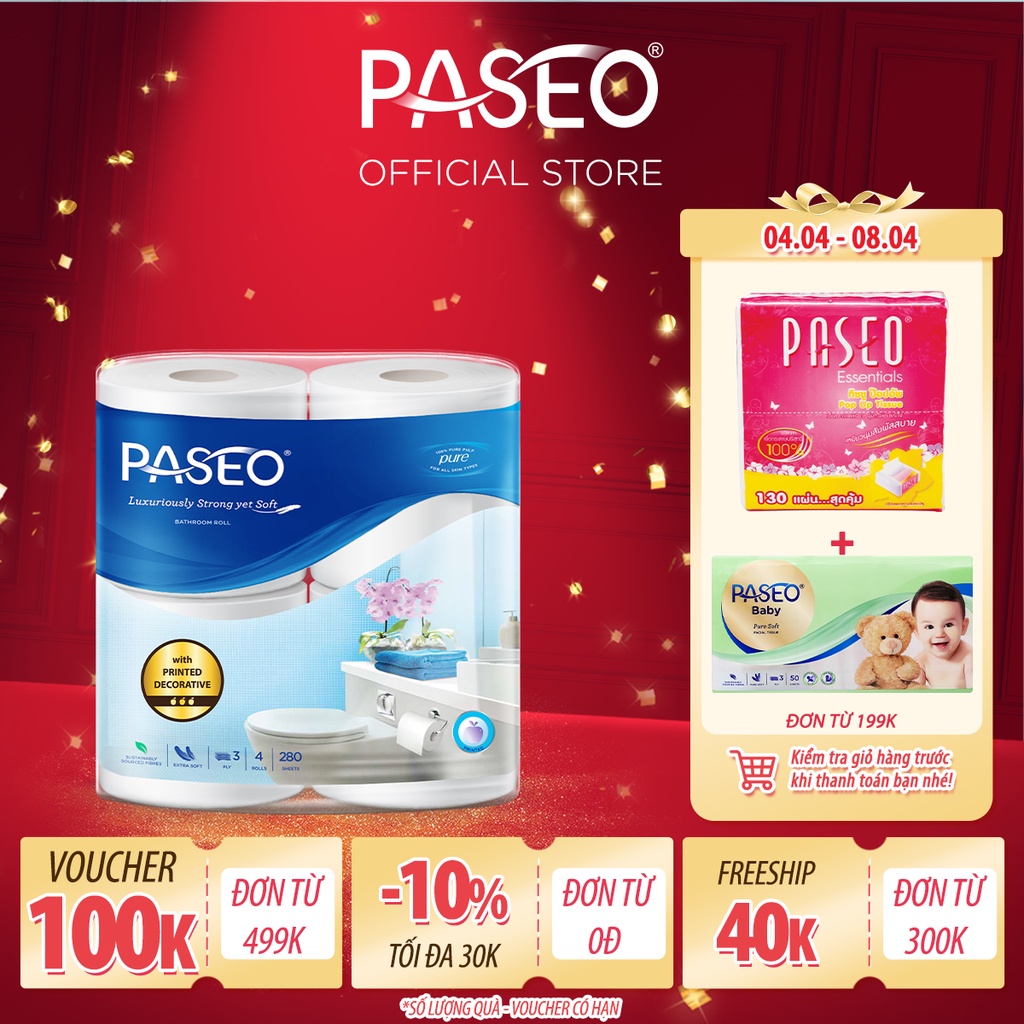 [Mã LTBAUAB8 giảm 7% đơn 99K] Giấy vệ sinh cao cấp Paseo dai, mềm mịn trơn/in hoa (4 cuộn 3 lớp)/lốc